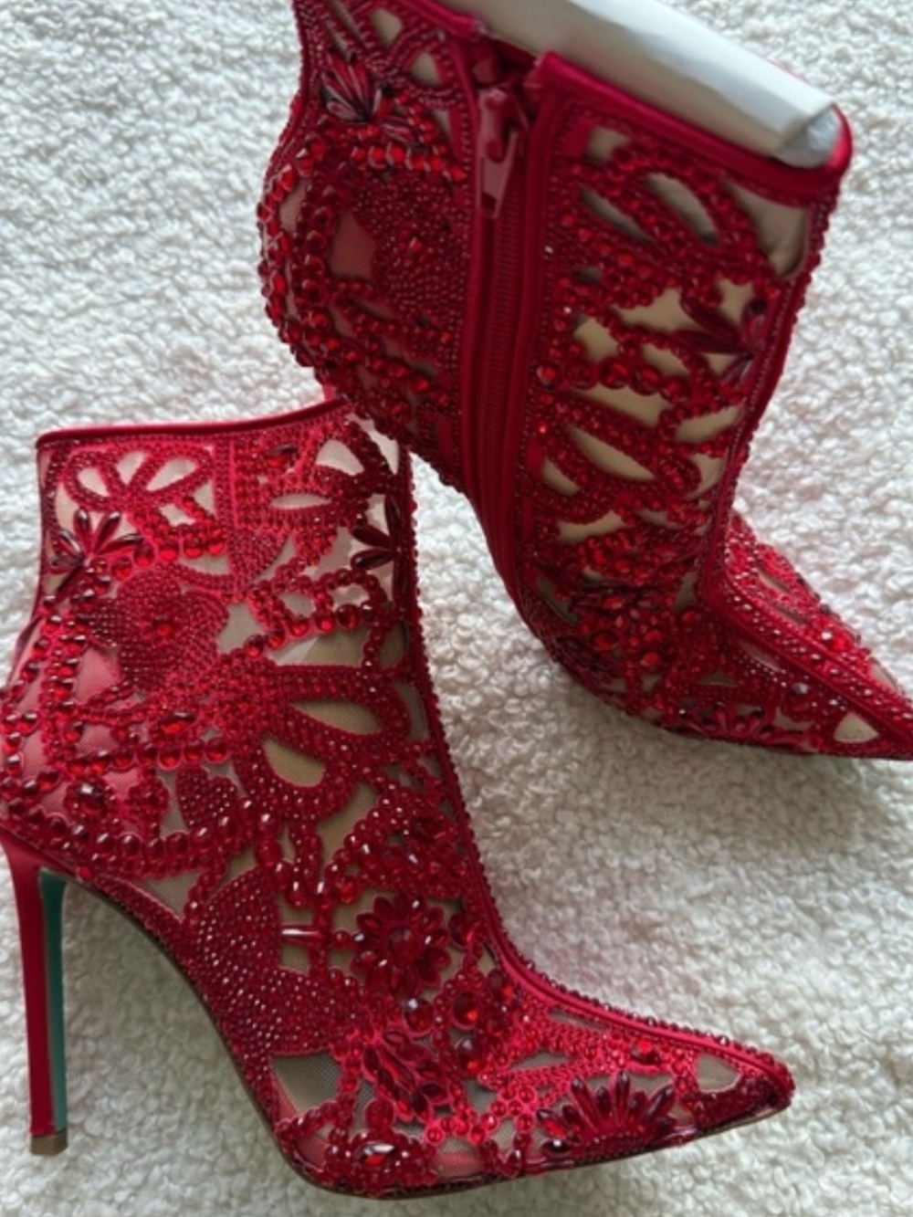 Betsey Johnson Red Embellished Floral Lace Ankle Booties